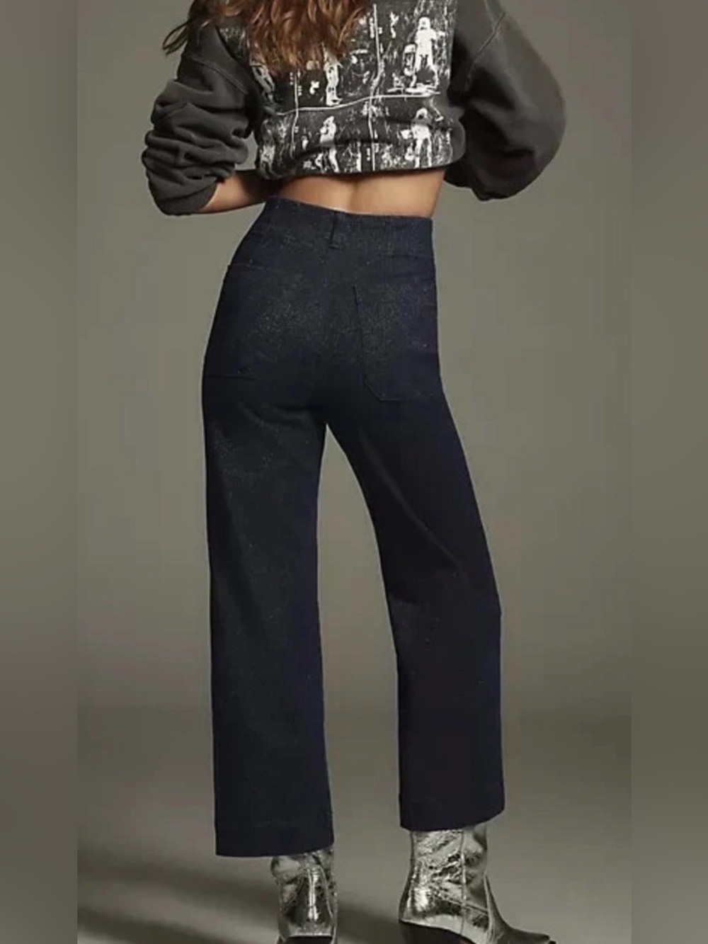 Anthro Maeve Colette Pants Sparkle Edition Black Wide Leg Crop Lurex 27 EUC - Picture 4 of 10